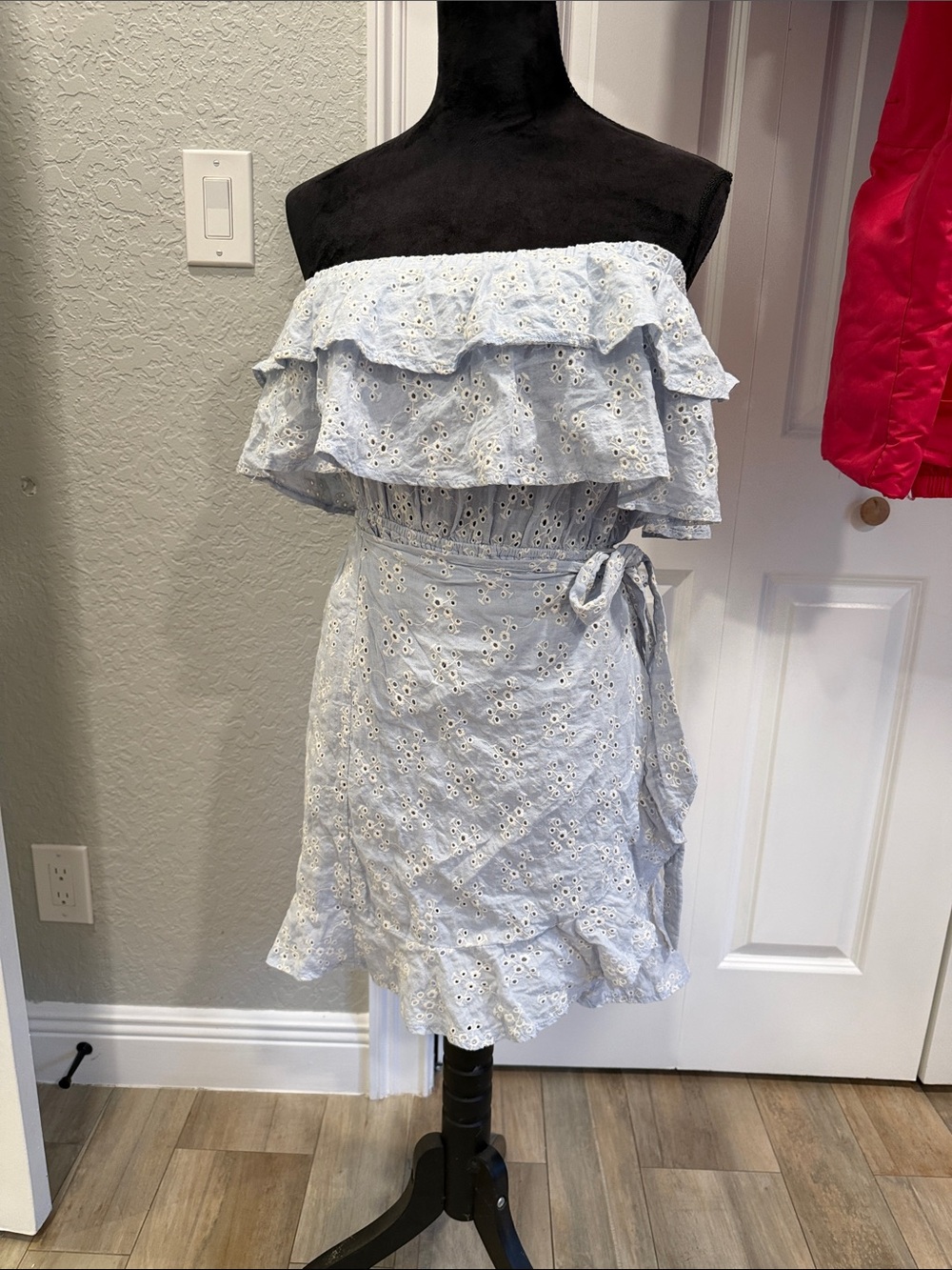 Olivaceous Light Blue Eyelet Off-Shoulder Ruffle Mini Skirt